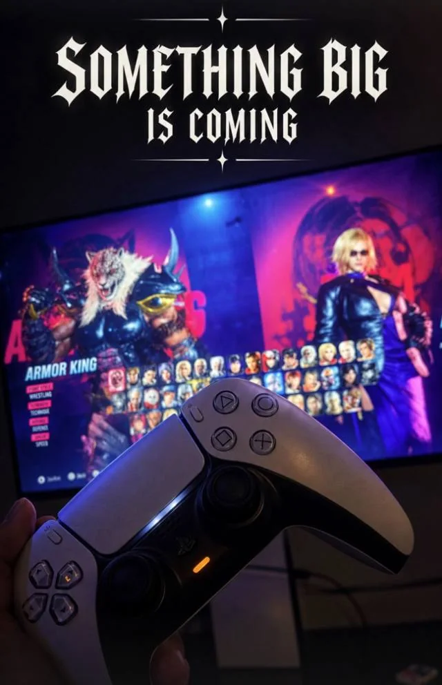 Tekken 8 character select on a TV with a PS5 controller in front